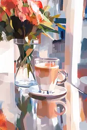 Midjourney generated image using SREF code Sunlit Smudge: A painting of a cup of coffee and a vase of flowers on a table.