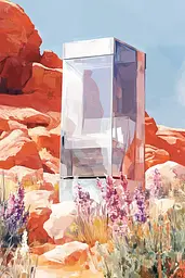 Midjourney generated image using SREF code Sunlit Smudge: A painting of a glass box in the middle of a desert.