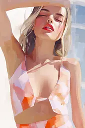 Midjourney generated image using SREF code Sunlit Smudge: A painting of a woman in a bikini and hat.