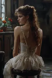 Midjourney generated image using SREF code Etherforge Gloom: A woman in a wedding dress sitting on a stool.