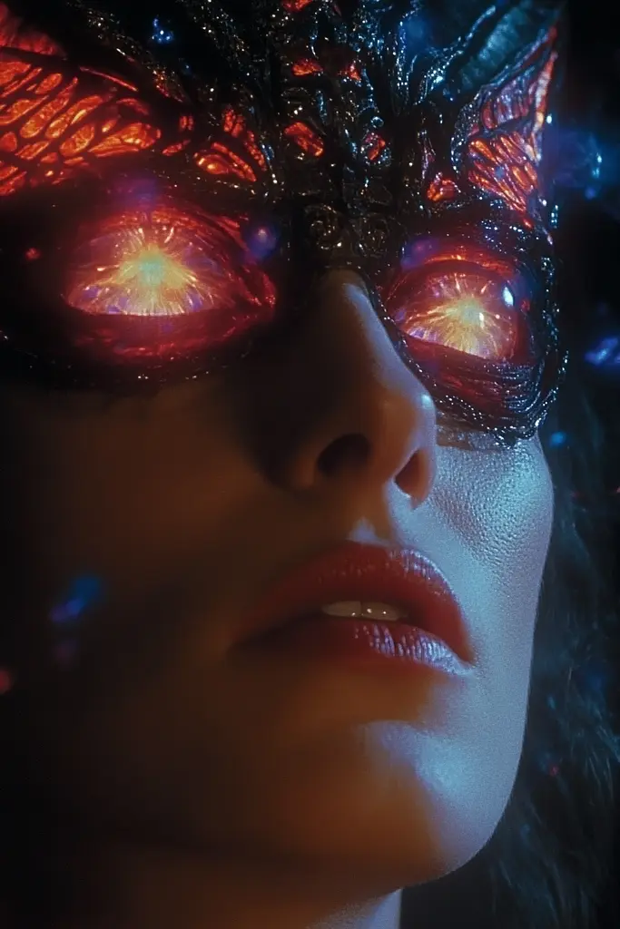Midjourney generated image using SREF code Etherforge Gloom: A woman wearing a mask with glowing eyes.