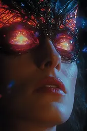 Midjourney generated image using SREF code Etherforge Gloom: A woman wearing a mask with glowing eyes.