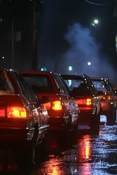 Midjourney generated image using SREF code Etherforge Gloom: A row of cars parked on a wet street at night.