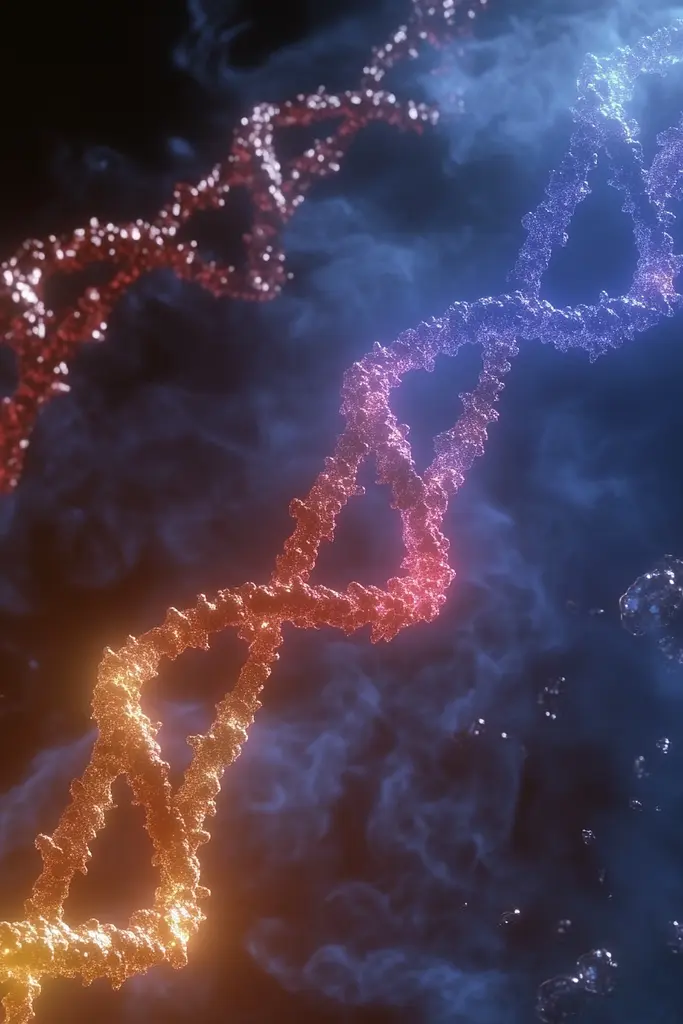 Midjourney generated image using SREF code Etherforge Gloom: a close up of a dna strand on a black background