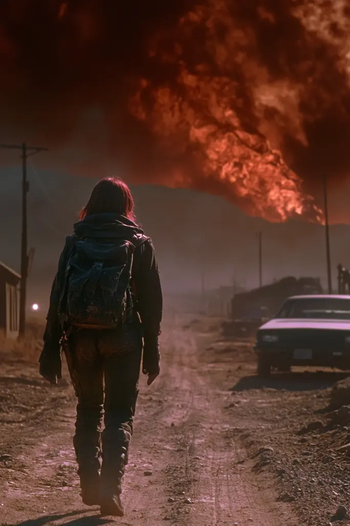 Midjourney generated image using SREF code Etherforge Gloom: A woman walking down a dirt road in front of a fire.