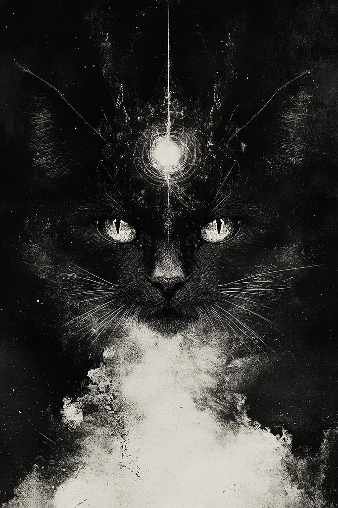 Midjourney generated image using SREF code Monochrome Alchemy: A black and white photo of a cat with a star in its eyes.