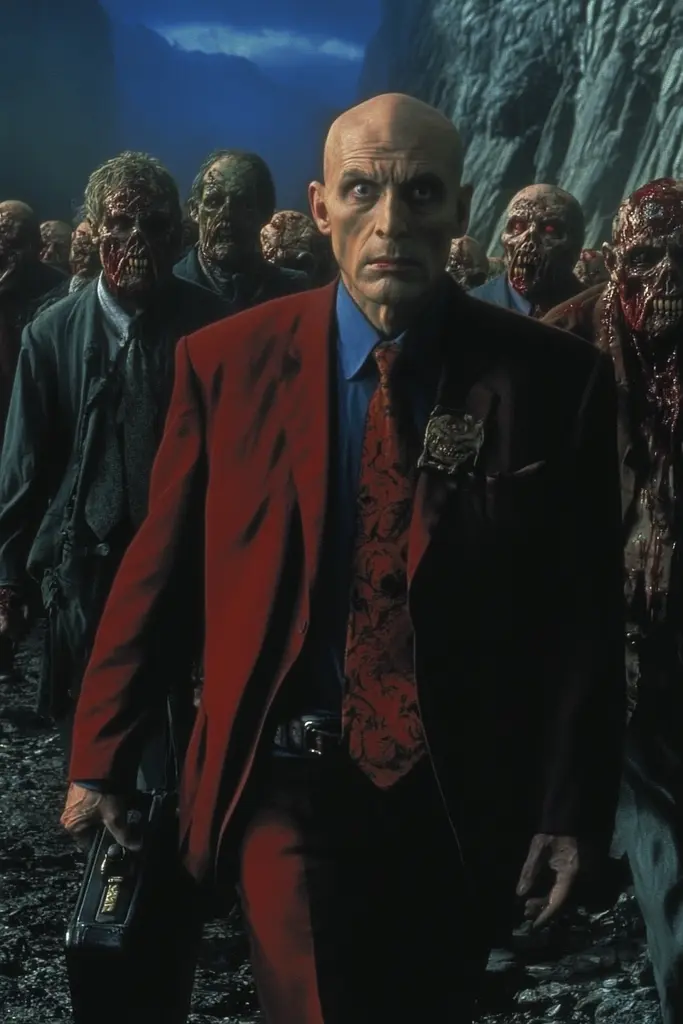 Midjourney generated image using SREF code Etherforge Gloom: A man in a red suit and tie walking through a group of zombies.