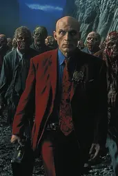 Midjourney generated image using SREF code Etherforge Gloom: A man in a red suit and tie walking through a group of zombies.