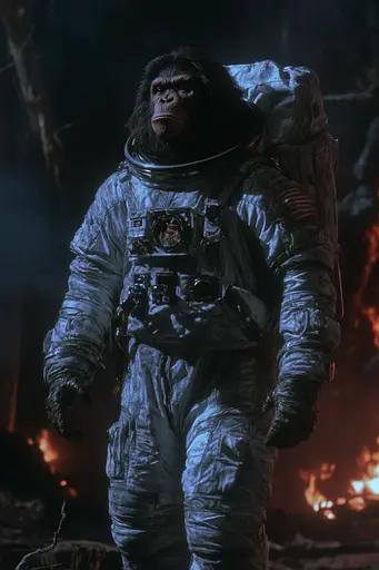 Midjourney generated image using SREF code Etherforge Gloom: A chimpanzee in a space suit standing in front of a fire.