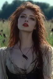 Midjourney generated image using SREF code Etherforge Gloom: A woman with long red hair standing in a field.