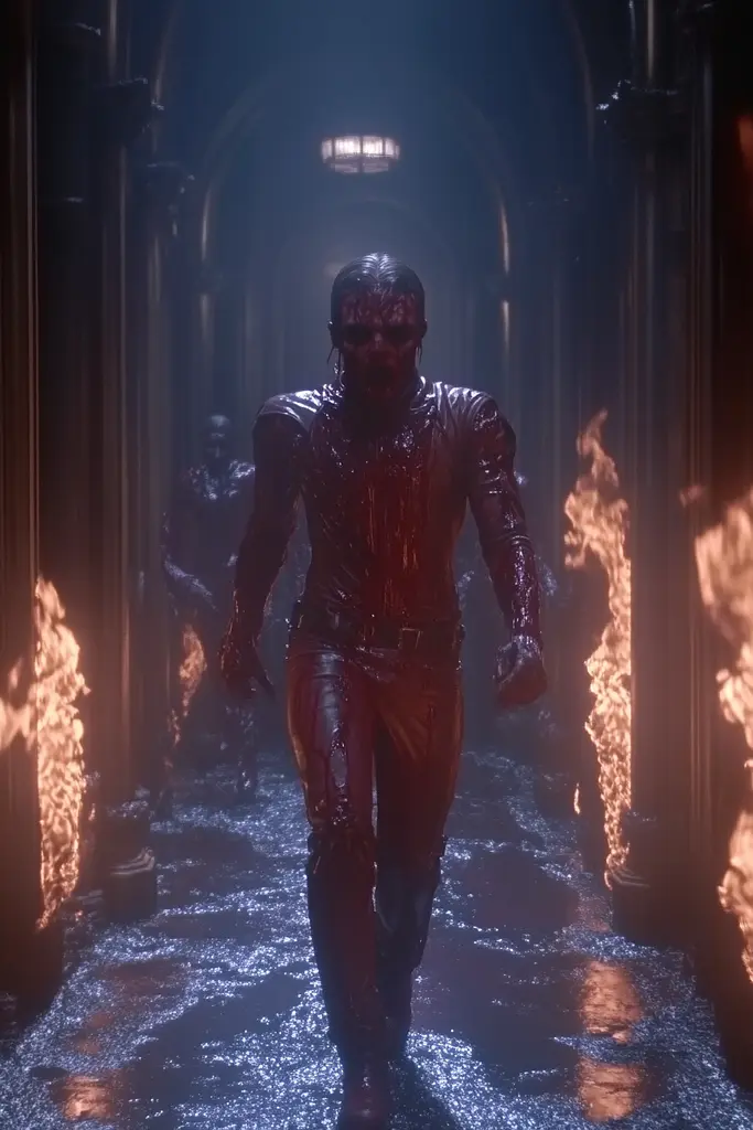 Midjourney generated image using SREF code Etherforge Gloom: A man in a red leather outfit walking down a dark hallway.