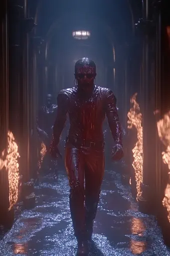 Midjourney generated image using SREF code Etherforge Gloom: A man in a red leather outfit walking down a dark hallway.