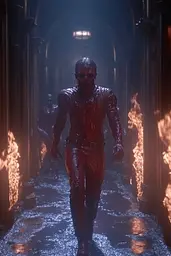 Midjourney generated image using SREF code Etherforge Gloom: A man in a red leather outfit walking down a dark hallway.