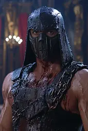 Midjourney generated image using SREF code Etherforge Gloom: A man in a black mask with blood on his face.