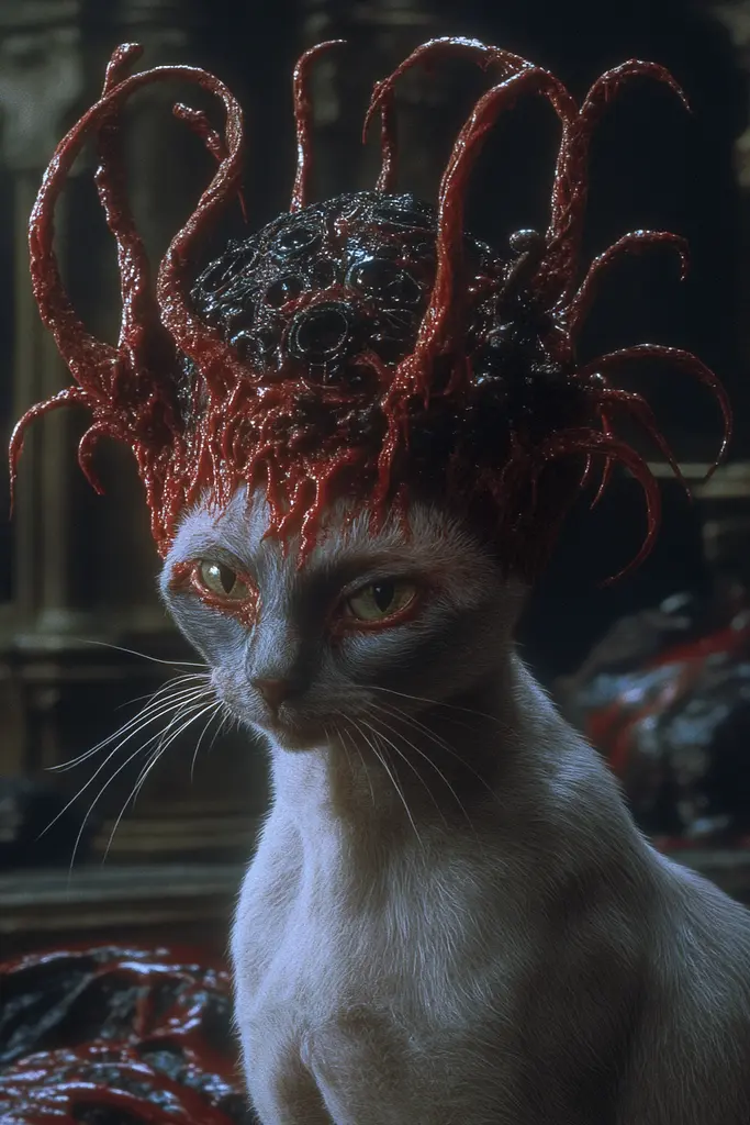 Midjourney generated image using SREF code Etherforge Gloom: A cat with a red headdress on its head.