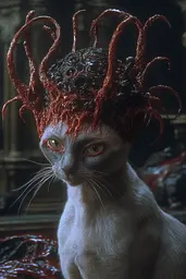 Midjourney generated image using SREF code Etherforge Gloom: A cat with a red headdress on its head.