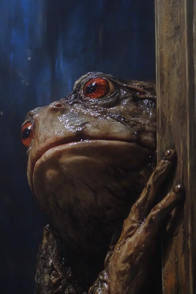 Midjourney generated image using SREF code Etherforge Gloom: A close up of a frog peeking out from behind a door.