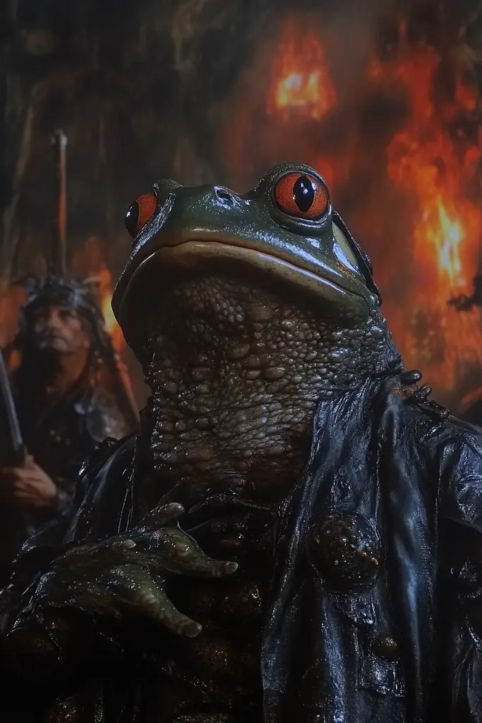 Midjourney generated image using SREF code Etherforge Gloom: A frog in a leather jacket standing in front of a fire.