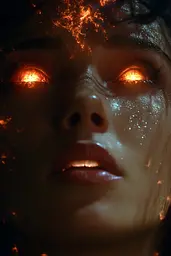Midjourney generated image using SREF code Etherforge Gloom: A close up of a woman's face with glowing eyes.