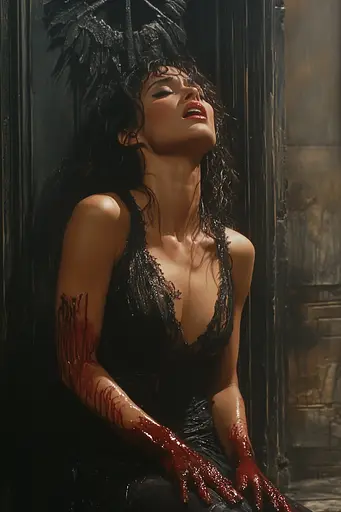 Midjourney generated image using SREF code Etherforge Gloom: A woman in a black dress with blood on her hands.