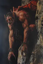 Midjourney generated image using SREF code Etherforge Gloom: A painting of a demonic creature climbing a rock.