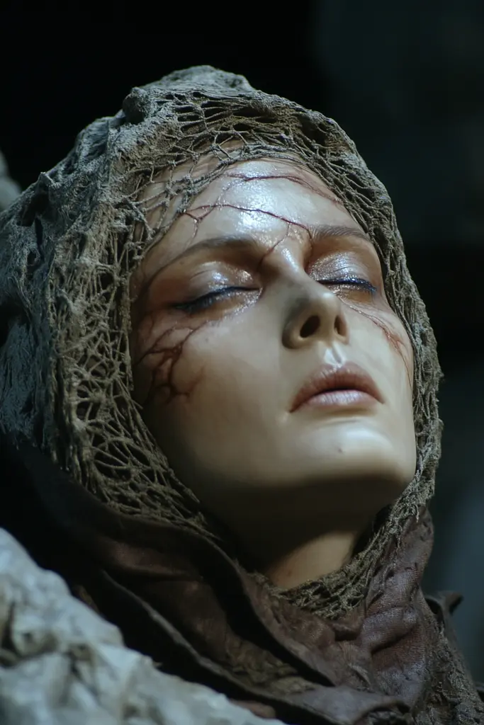 Midjourney generated image using SREF code Etherforge Gloom: A close up of a mannequin wearing a veil.