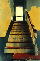 Midjourney generated image using SREF code Solar Paradox: A set of stairs in an abandoned building with peeling paint.