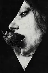 Midjourney generated image using SREF code Monochrome Alchemy: A black and white photo of a woman eating a strawberry.