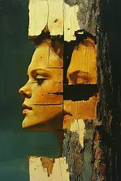 Midjourney generated image using SREF code Solar Paradox: A painting of a woman's face peeking out from behind a wooden wall.