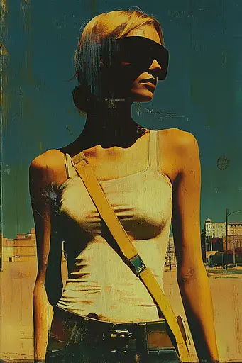 Midjourney generated image using SREF code Solar Paradox: A woman in a white tank top and sunglasses holding a guitar.