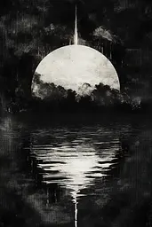 Midjourney generated image using SREF code Monochrome Alchemy: A black and white photo of a full moon reflecting in the water.