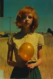 Midjourney generated image using SREF code Solar Paradox: A young girl holding a yellow balloon in a field.