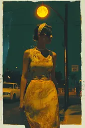 Midjourney generated image using SREF code Solar Paradox: A woman in a yellow dress is standing on the street.