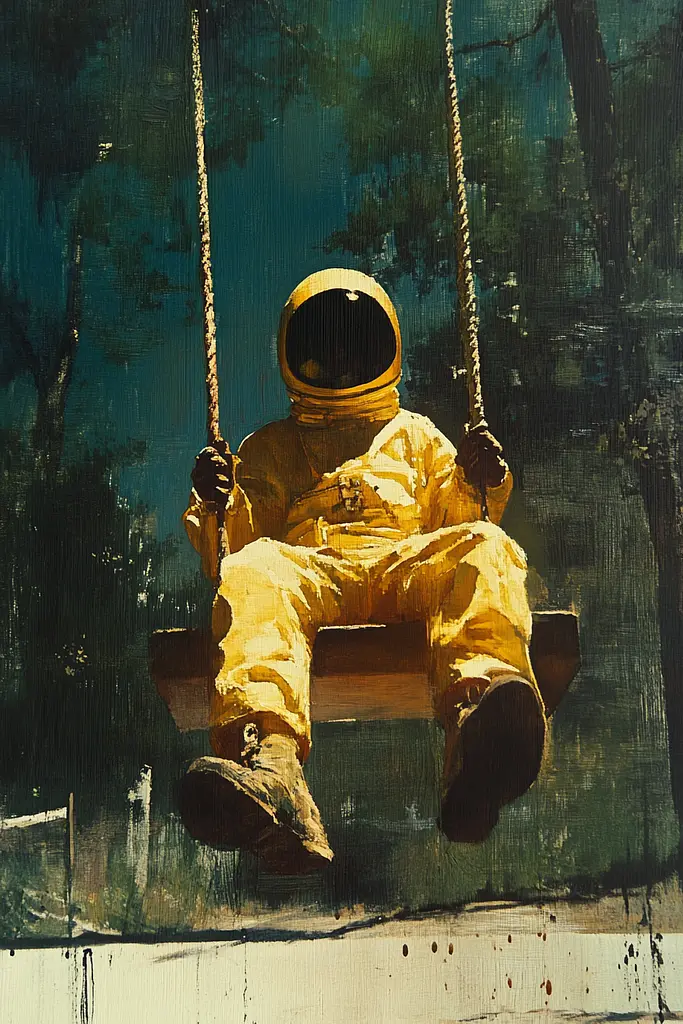 Midjourney generated image using SREF code Solar Paradox: A painting of an astronaut sitting on a swing.