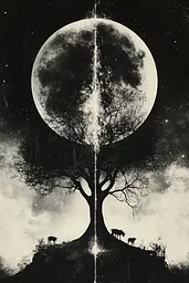 Midjourney generated image using SREF code Monochrome Alchemy: A black and white photo of a tree with a full moon in the background.