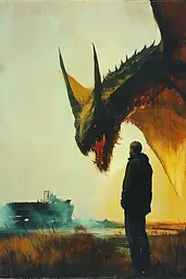 Midjourney generated image using SREF code Solar Paradox: A man standing in front of a dragon with a ship in the background.