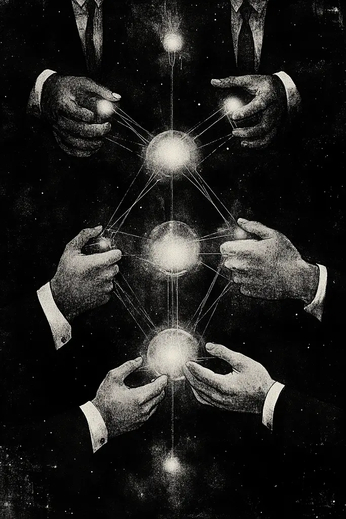 Midjourney generated image using SREF code Monochrome Alchemy: A black and white illustration of three hands holding a crystal ball.