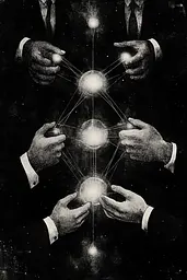 Midjourney generated image using SREF code Monochrome Alchemy: A black and white illustration of three hands holding a crystal ball.