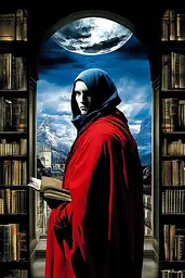 Midjourney generated image using SREF code Mythical Tension: A man in a red robe standing in front of a book shelf.