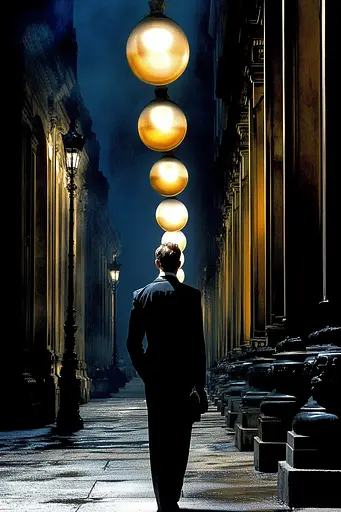 Midjourney generated image using SREF code Mythical Tension: A man in a suit walking down a street at night.