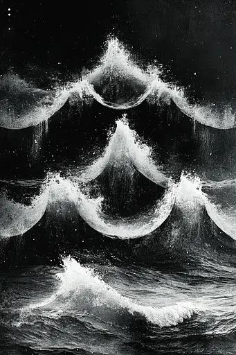 Midjourney generated image using SREF code Monochrome Alchemy: A black and white photo of a wave in the ocean.