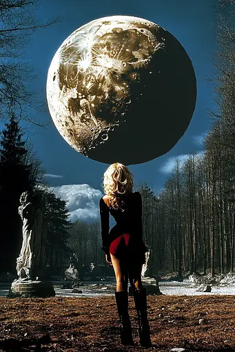 Midjourney generated image using SREF code Mythical Tension: A woman standing in front of a large moon.