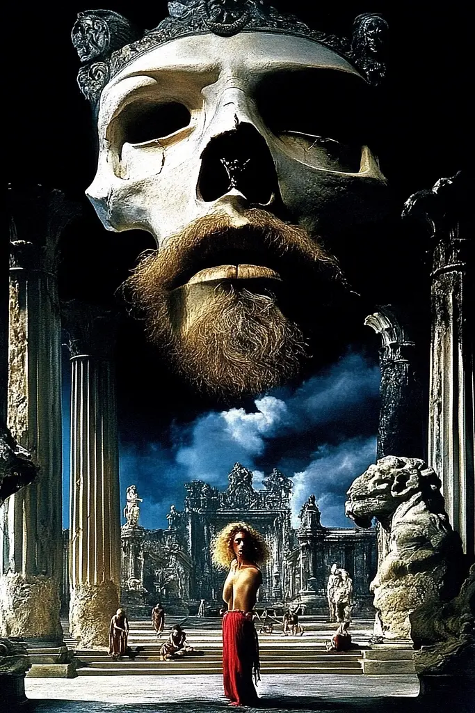 Midjourney generated image using SREF code Mythical Tension: A man with a beard standing in front of a large skull.