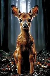 Midjourney generated image using SREF code Mythical Tension: A small fawn sitting in the middle of a forest.