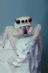 Midjourney generated image using SREF code Ethereal Veil: A close up of a jumping spider on a piece of ice.