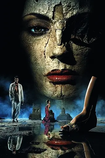 Midjourney generated image using SREF code Mythical Tension: A movie poster for a horror film with a woman's face and a man in the background.