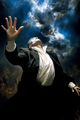 Midjourney generated image using SREF code Mythical Tension: A man in a black suit and white shirt is reaching up to the sky.