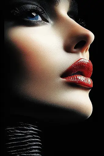 Midjourney generated image using SREF code Mythical Tension: A close up of a woman's face with red lipstick.