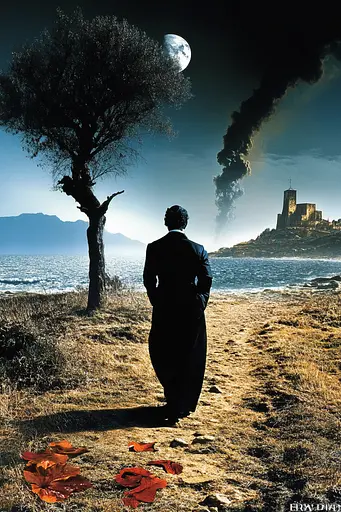 Midjourney generated image using SREF code Mythical Tension: A man standing in front of a tree with a castle in the background.