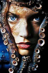 Midjourney generated image using SREF code Mythical Tension: A woman with blue eyes and an octopus on her head.